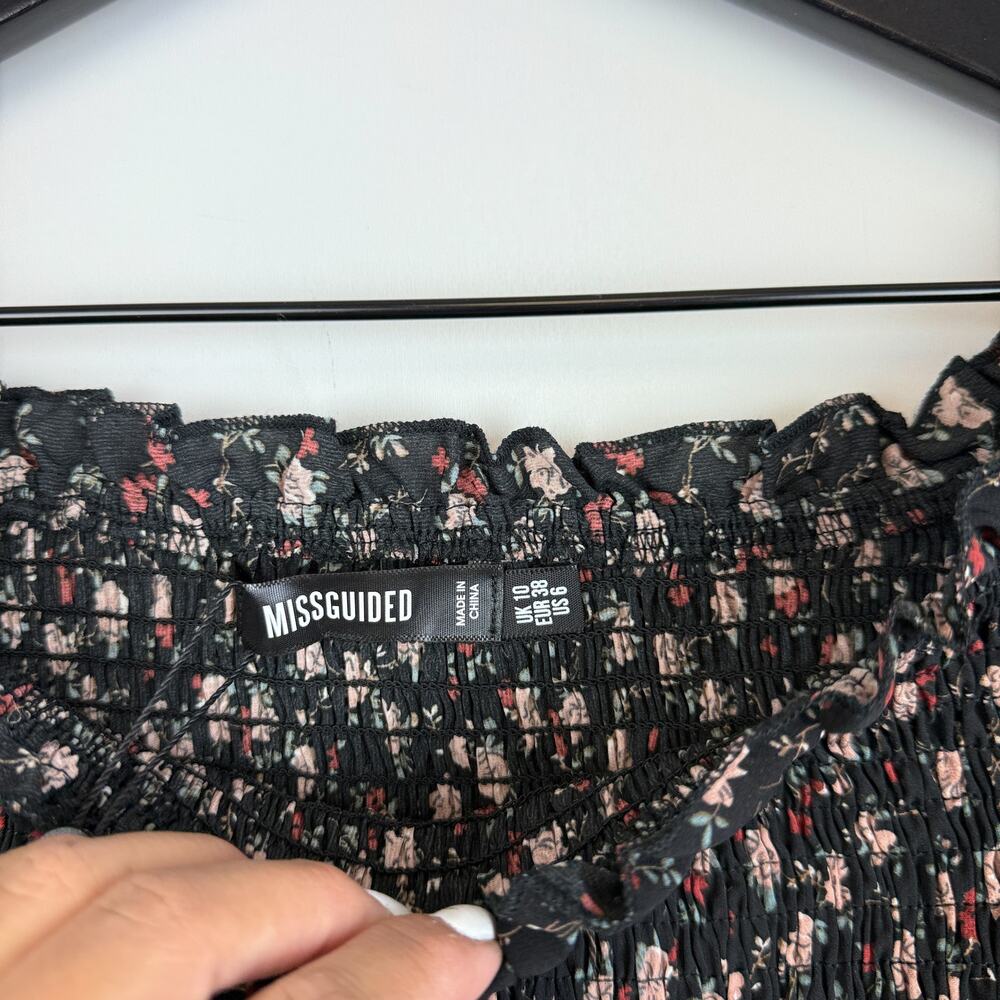 NWT Missguided Shirred Bardot Top Floral Off Shoulder LS Black - Size 6 US - Picture 5 of 10